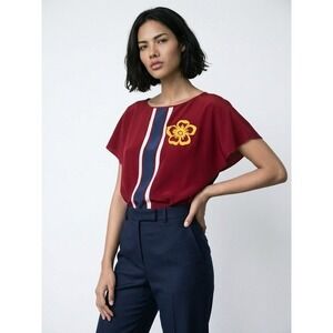 RED Valentino Silk Peplum Blouse Burgundy Navy Stripe Flower IT 42 US 6